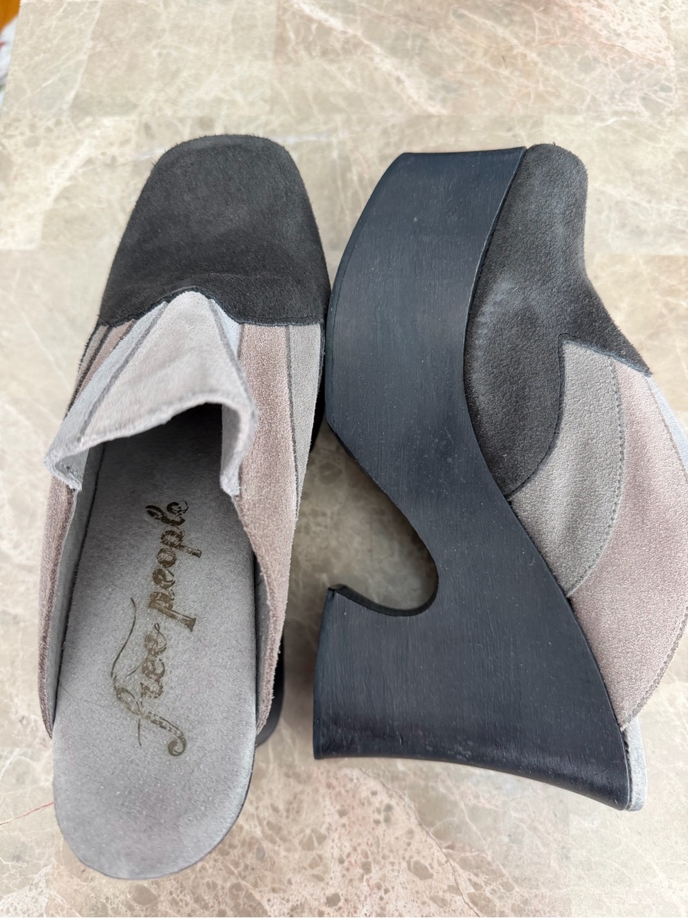 Free People Two-Tone Taupe & Gray Suede Sculpted Platform Mules (No Box)